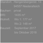 Standort:	Hengersbergerstr. 13 	94557 Niederalteich Bauherr:	privat BRI:	1435 m³ Wohnfl.	Wo 1: 177 m² 	Wo 2: 148 m² Bauzeit:	September 2017 	bis Oktober 2018