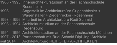 1988 - 1993 	Innenarchitekturstudium an der Fachhochschule  		Rosenheim 1993 		Angestellt im Architekturbüro Guggenbichler +  Wagenstaller + Ziegenrücker (Rosenheim) 1993 - 1996 	Mitarbeit im Architekturbüro Rudi Schmid 1993 - 1994 	Architekturstudium an der Fachhochschule  Regensburg 1994 - 1996 	Architekturstudium an der Fachhochschule München 1997 - 2013 	Partnerschaft mit Rudi Schmid Dipl.-Ing. Architekt seit 2014 	Architekturbüro REIHOFER ARCHITEKTEN